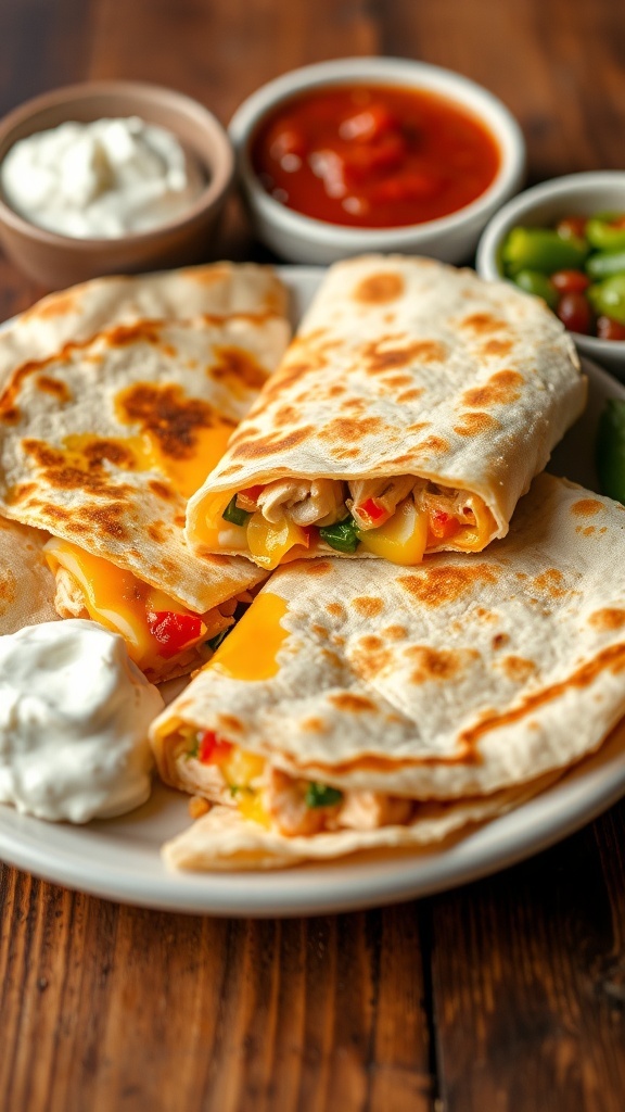 Golden-brown chicken quesadilla cut into wedges, served with sour cream and salsa on a rustic table.